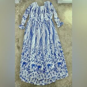 Blue and White Floral Maxi Dress Long Sleeves Size L
